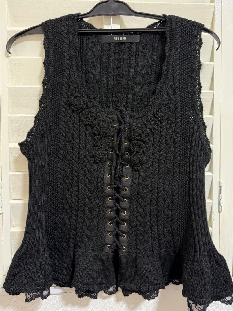 PINK HOUSE 黒 ケーブルニット ノースリーブベスト SIZE PINK HOUSE