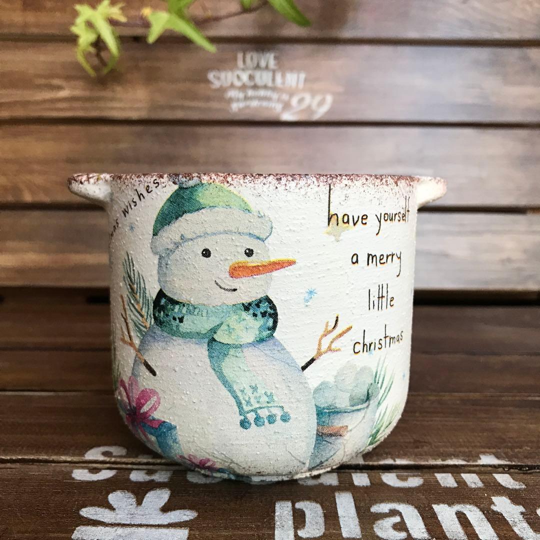 あーたさまご購入品　リメイク鉢　　取手付き丸鉢 雪だるまとプレゼント