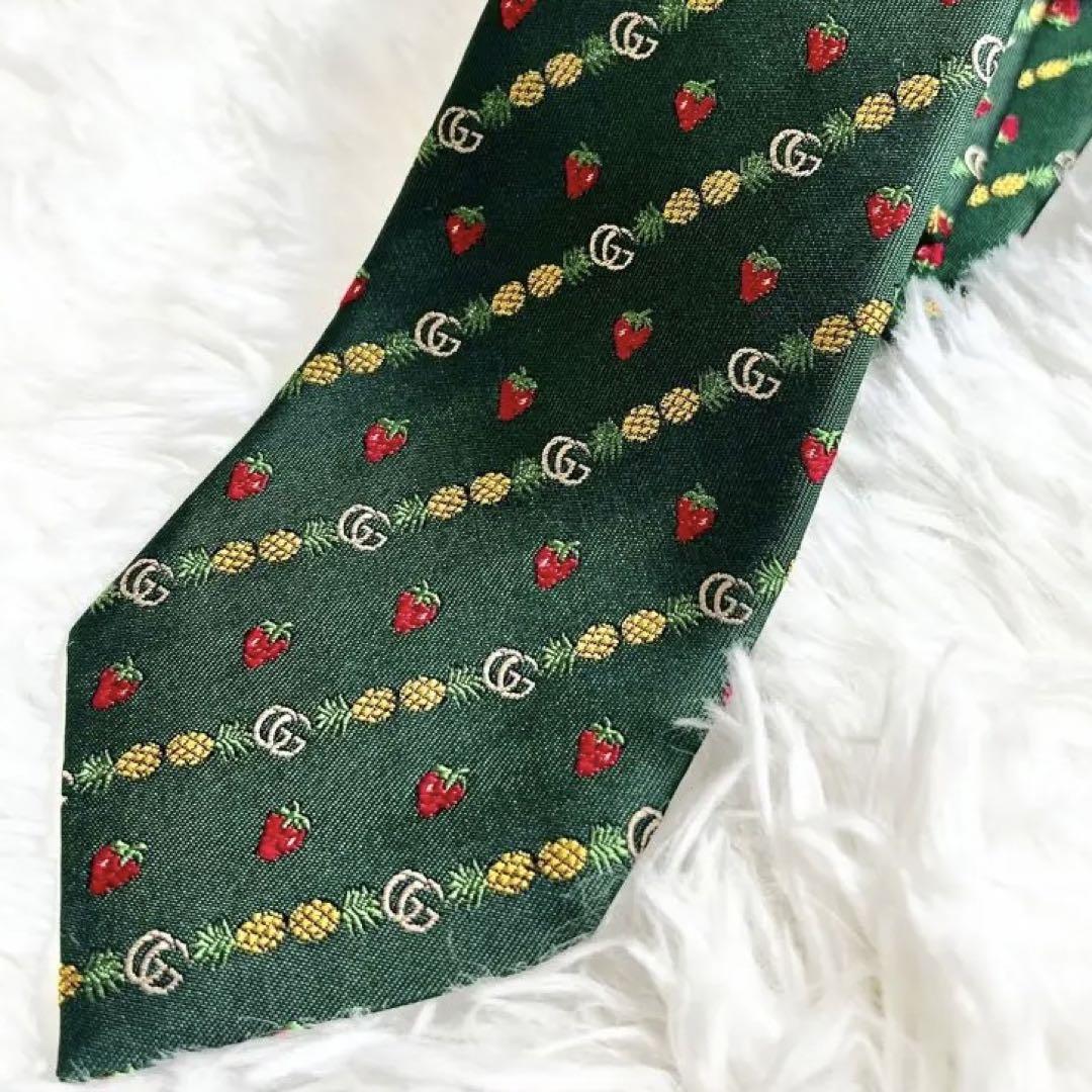 【極美品】 GUCCI グッチ 現行 ネクタイ GG フルーツ グリーン シルク