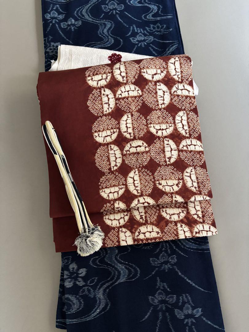 茜染 九寸名古屋帯 絞り 丸文様 美品