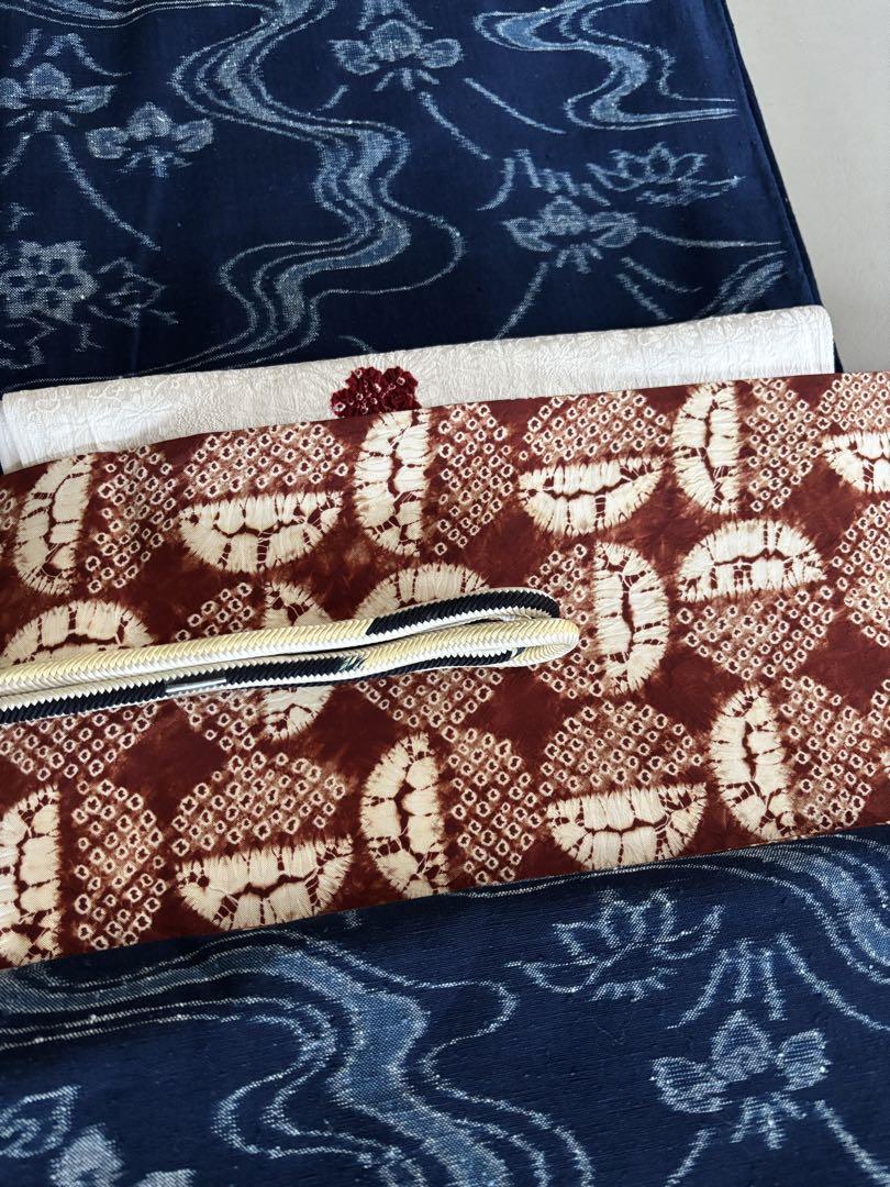 茜染 九寸名古屋帯 絞り 丸文様 美品