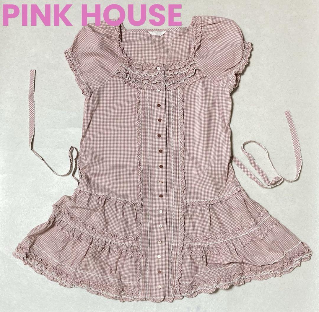 PINK HOUSE ピンクハウス　ピコフリル　ギンガムチェック　チュニック PINK HOUSE/ピンクハウス ギンガムチェック フリル チュニック