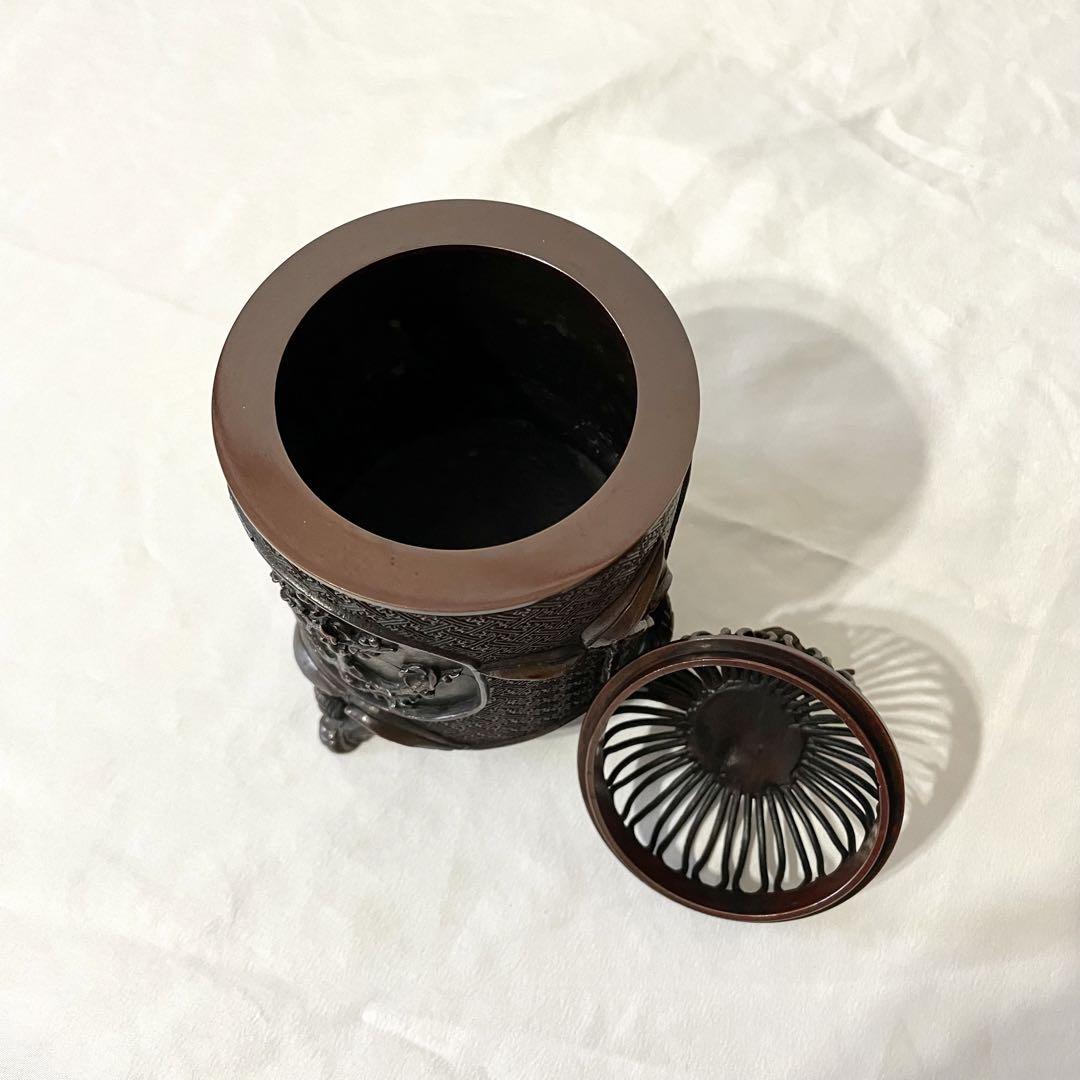 美品【 antique アンティーク 】香炉 高岡銅器 米田秀保 松竹梅 鳥摘