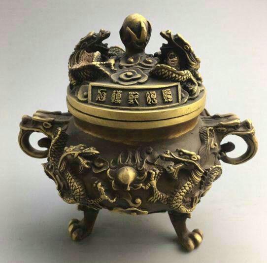 骨董品二龍戯珠香炉411-