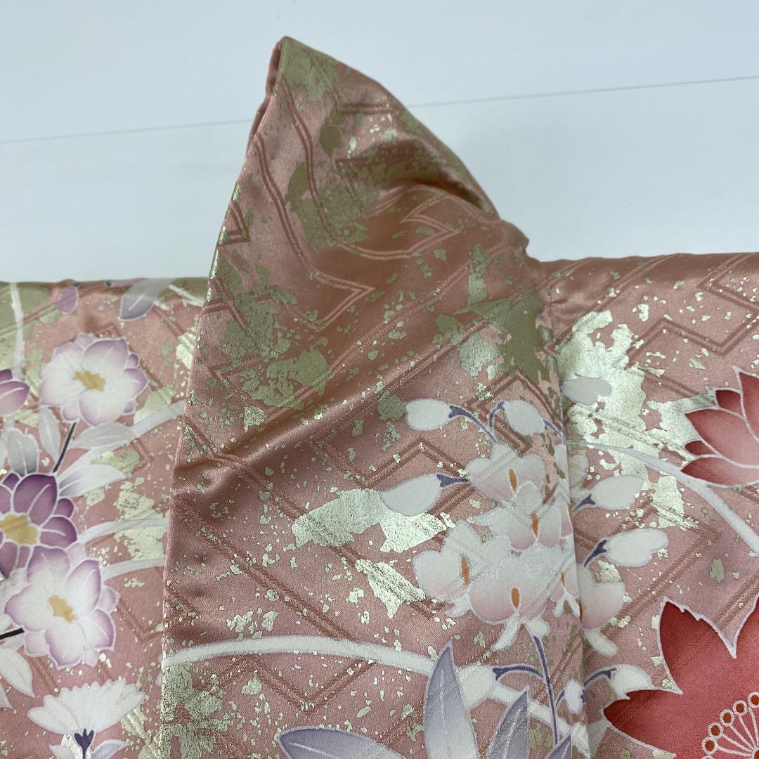 春】20793o 振袖 金彩 紗綾形に芝 花植物文様 着物