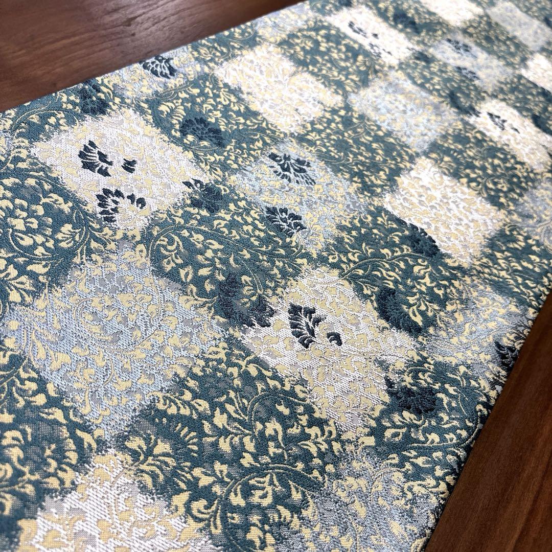 正絹 全通袋帯【華唐草 刺繍 緑】 No.1684