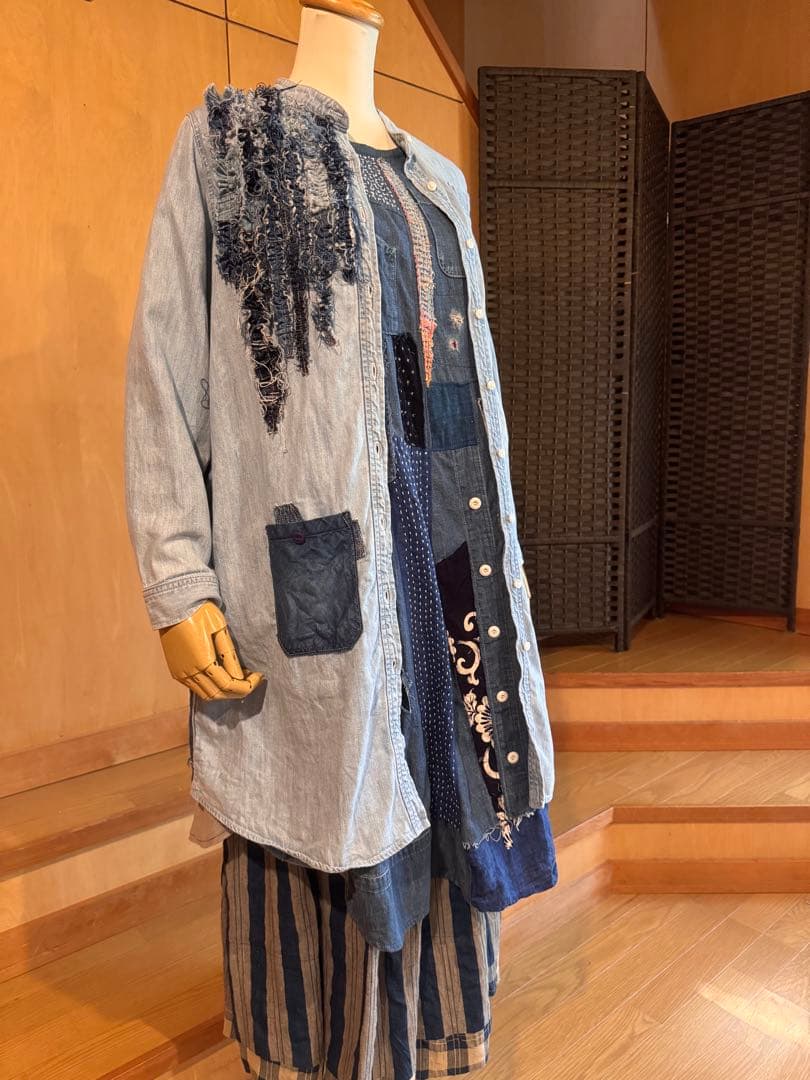 ●早割り価格●SAYOCAFEデニムリメイクのフリルシャツワンピース