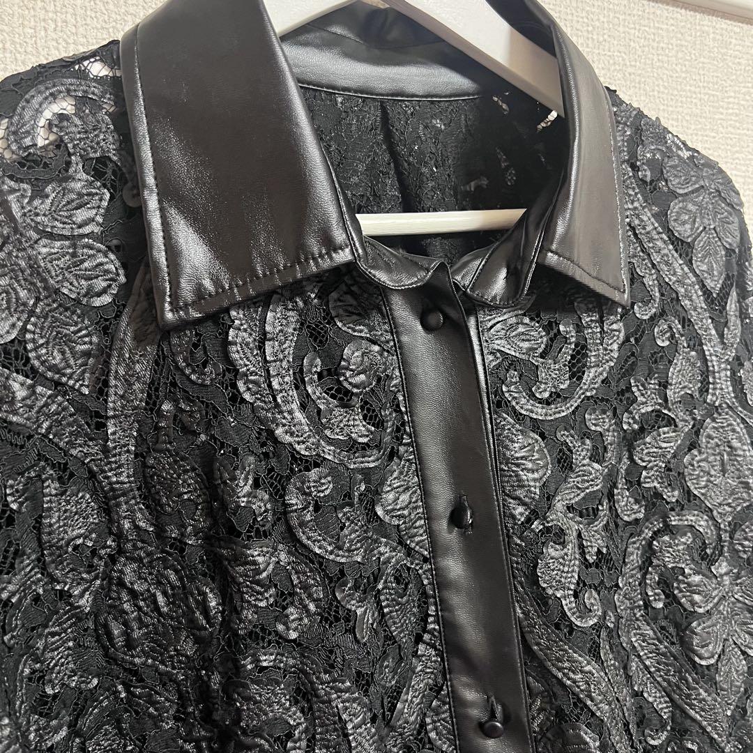 AMERI FAKE LEATHER EMBROIDERY SHIRT ブラック