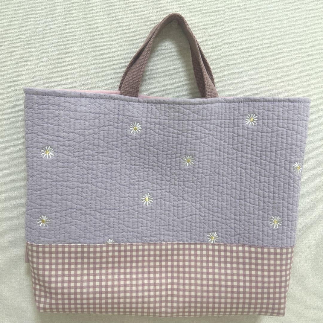 入園入学5点セット　【マーガレットヌビ×くすみピンクチェック＋お花刺繍】　女の子