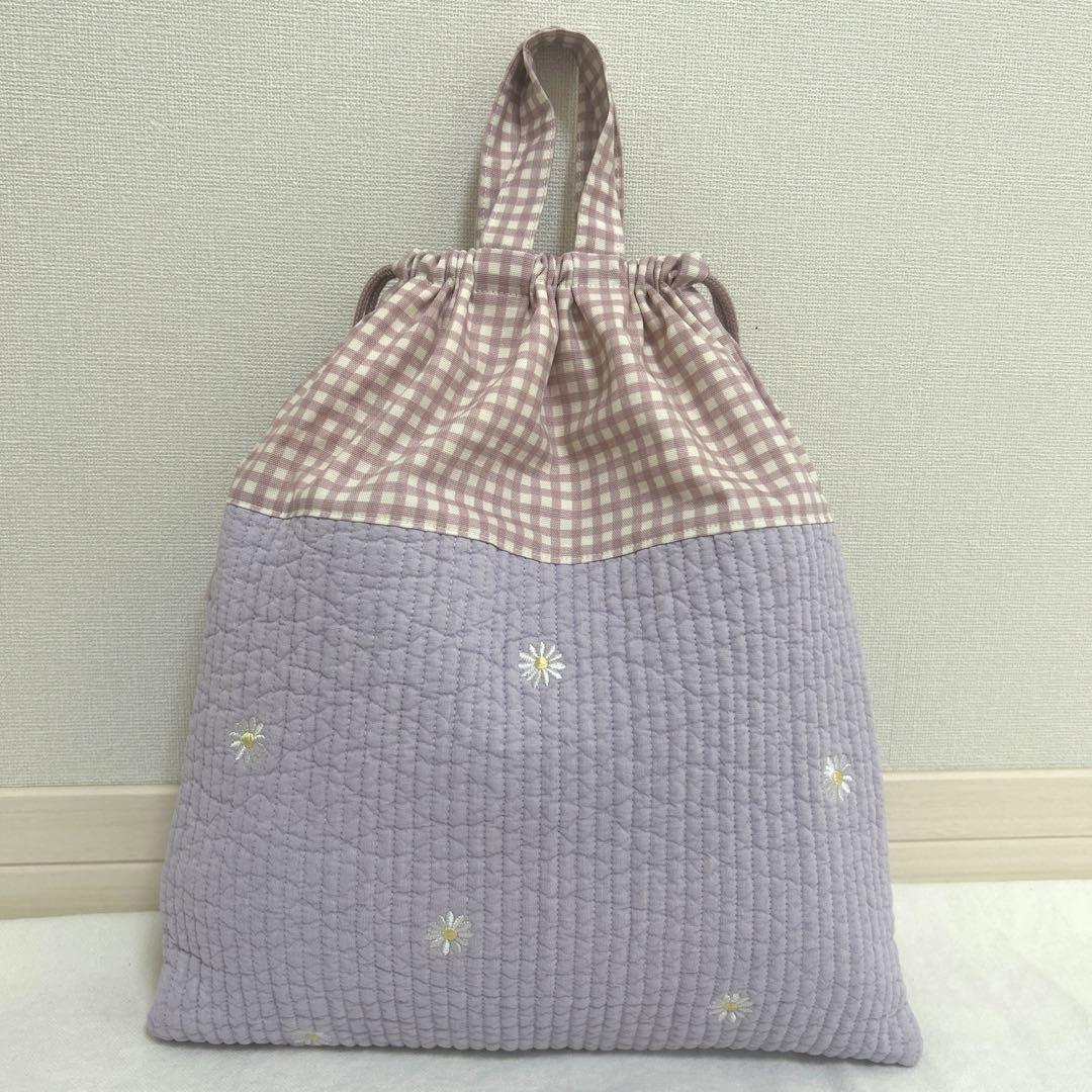 入園入学5点セット　【マーガレットヌビ×くすみピンクチェック＋お花刺繍】　女の子