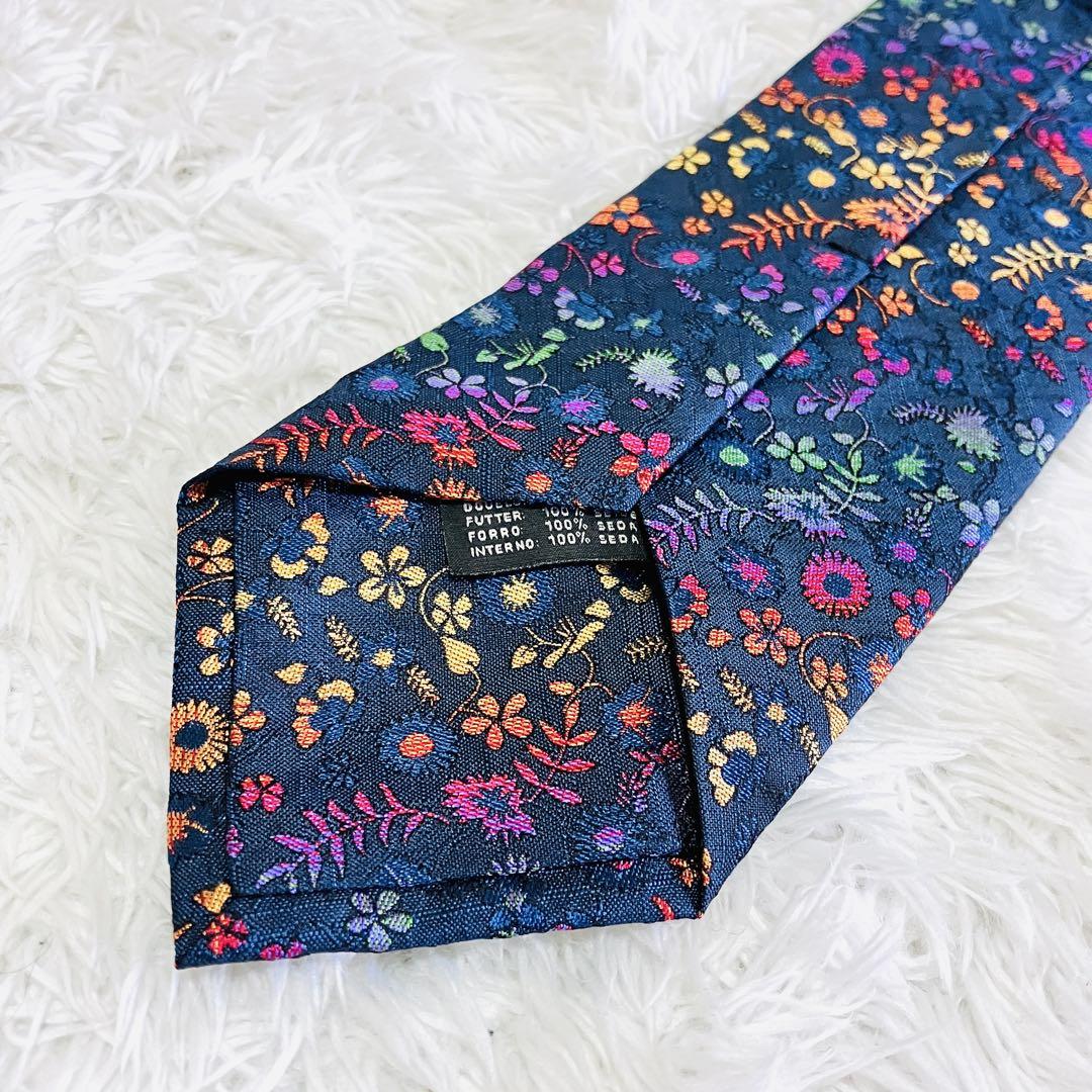 極美品 ETRO エトロ フラワー刺繍 ネクタイ ネイビー シルク