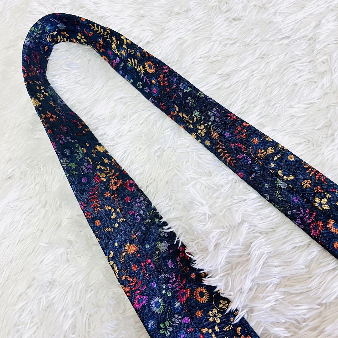 極美品 ETRO エトロ フラワー刺繍 ネクタイ ネイビー シルク