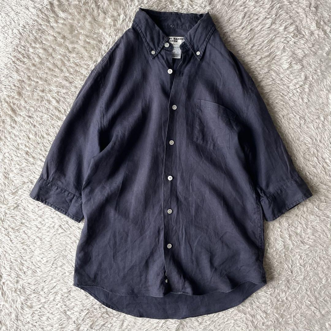 美品 KATHARINE HAMNETT BD S/S リネンシャツ L 紺