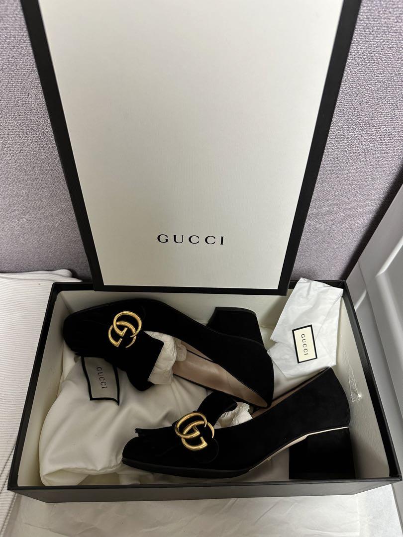正美品GUCCI 黒 スエード フリンジ ローファー ヒール4.5cm