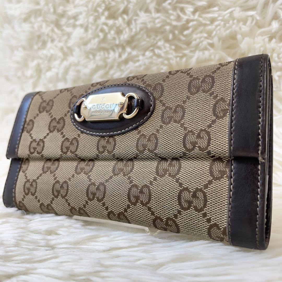 美品✨️GUCCI 長財布 GG クリスタル レザー キャンバス ブラウン 金具