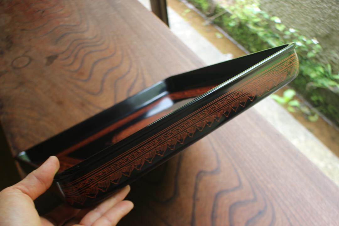 デッドストック！風情ある蒟醤手の美しい籃胎漆器の四方盆（検
