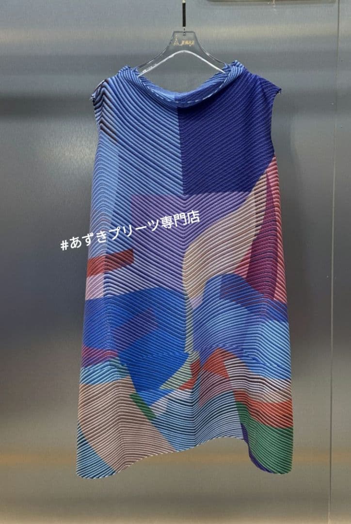 プリーツ幾何模様 ノースリーブワンピース青 ノーブランド❌️ SIZE