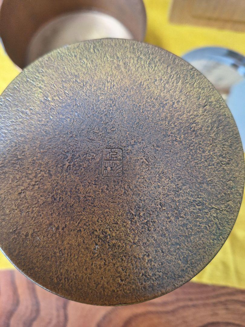 銅製 茶筒　茶托５客　 上彬茶器揃　桐箱　ウコン布2枚セット　越後国燕
