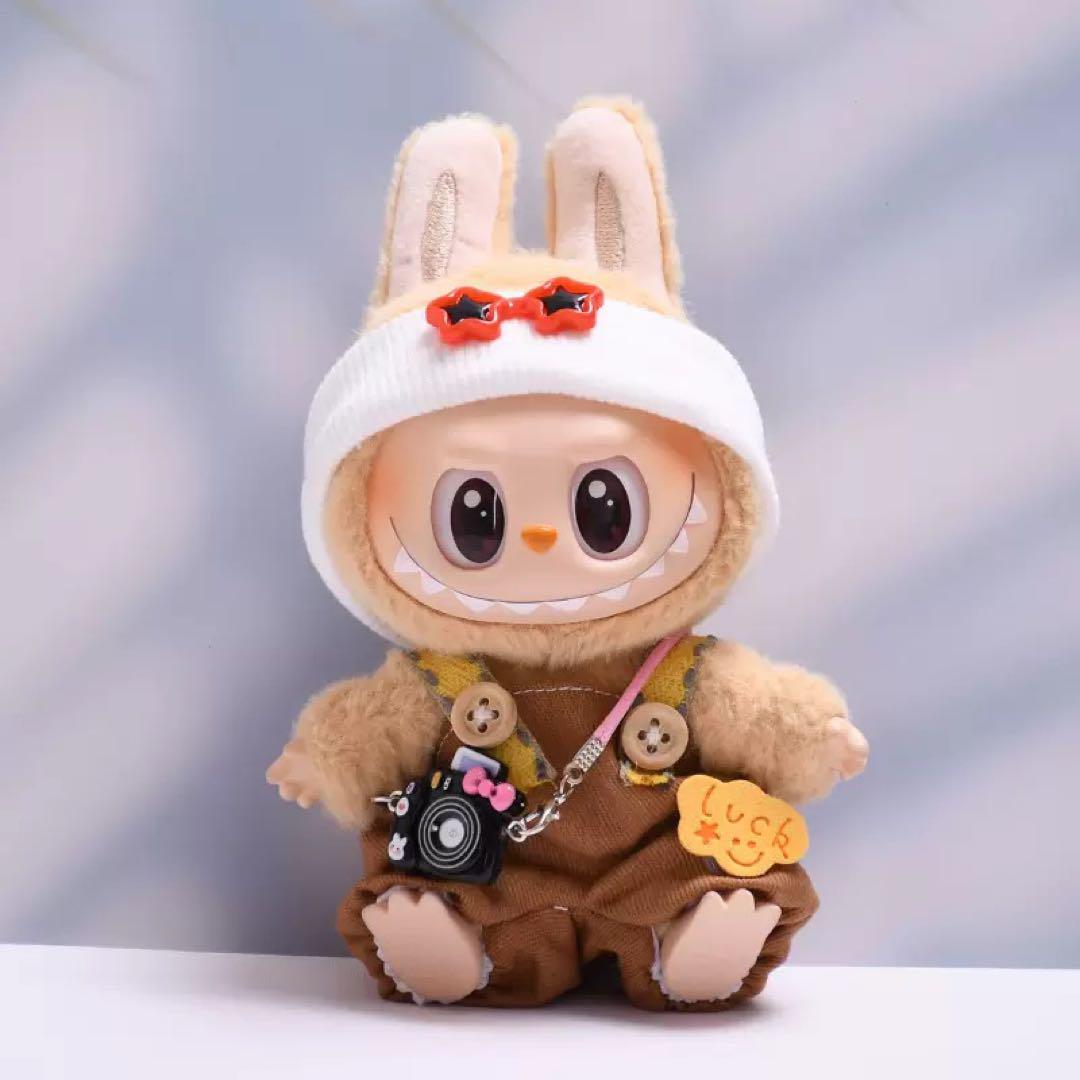 茶系3点セット◇ラブブ Labubu 17cm 着せ替え服 カメラ ぬい服