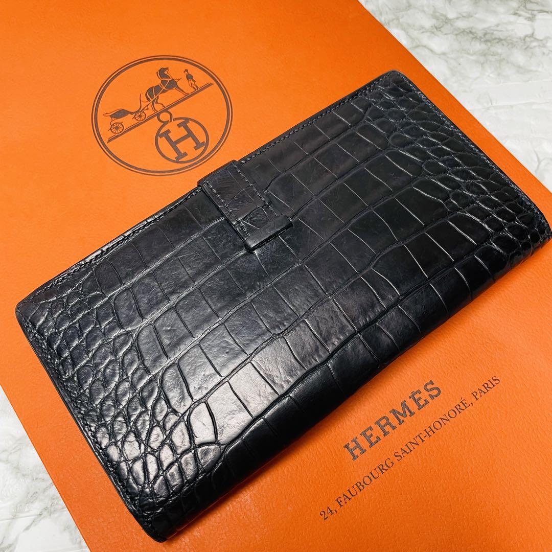 エルメス　マットクロコ　クロコダイル　ネイビー　ベアン　長財布
