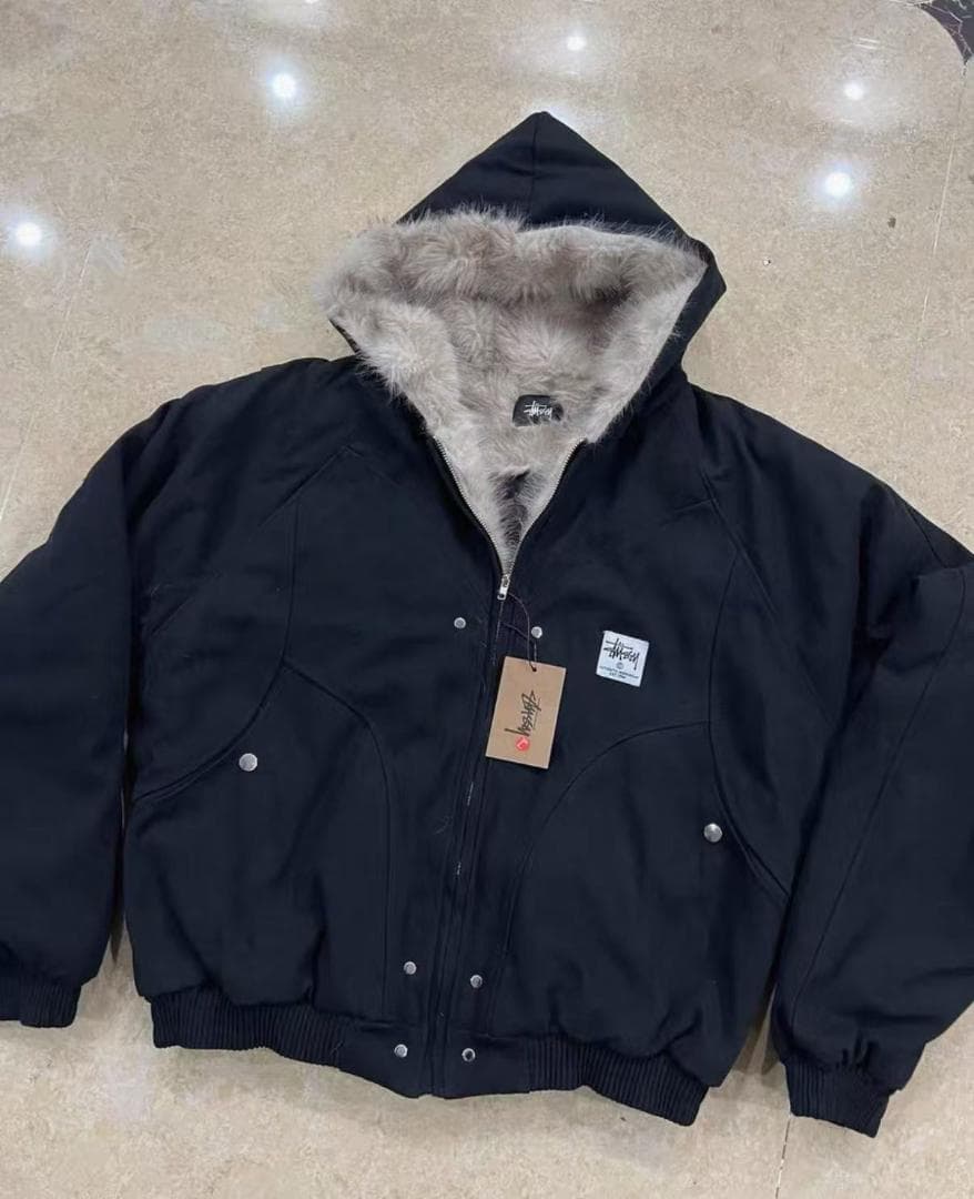 Stussy フード付き ファージャケット フリース ブラック