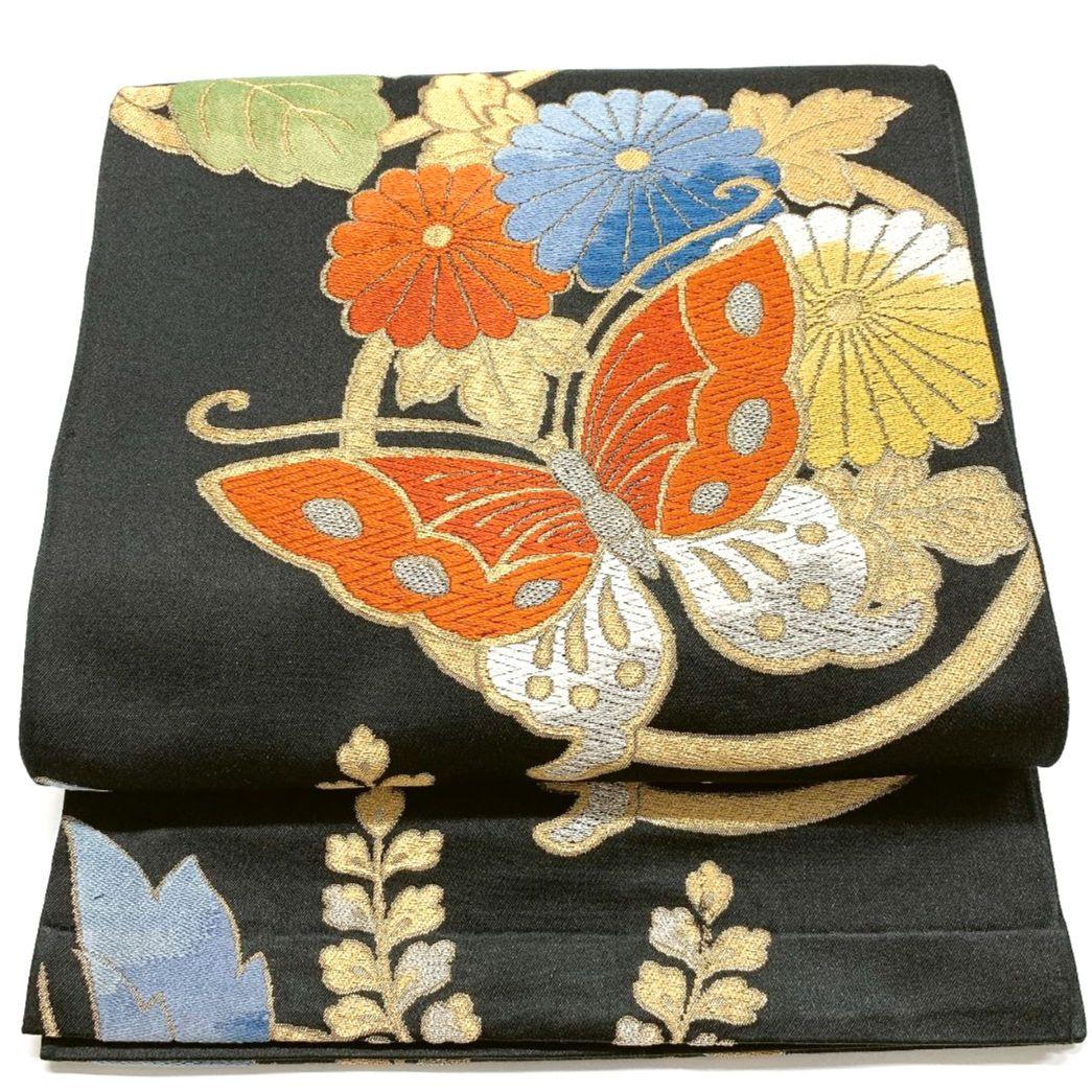 正絹　丸紋に松葉文様　手刺繍　織のお洒落袋帯 正絹丸紋に松葉文様手刺繍織のお洒落袋帯
