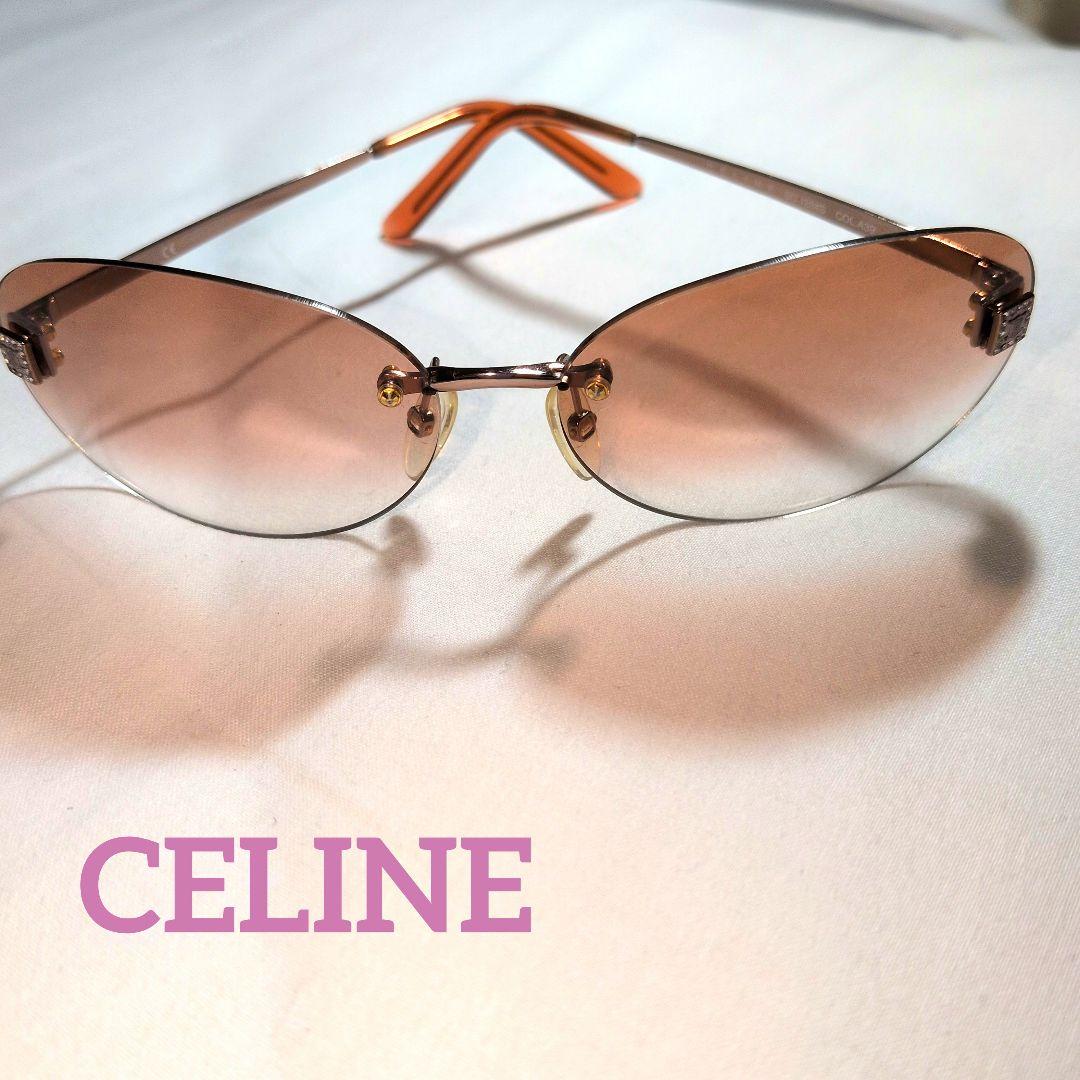 CELINE薄サングラス赤グラデーションキラキラ付ピンクゴールドフレーム