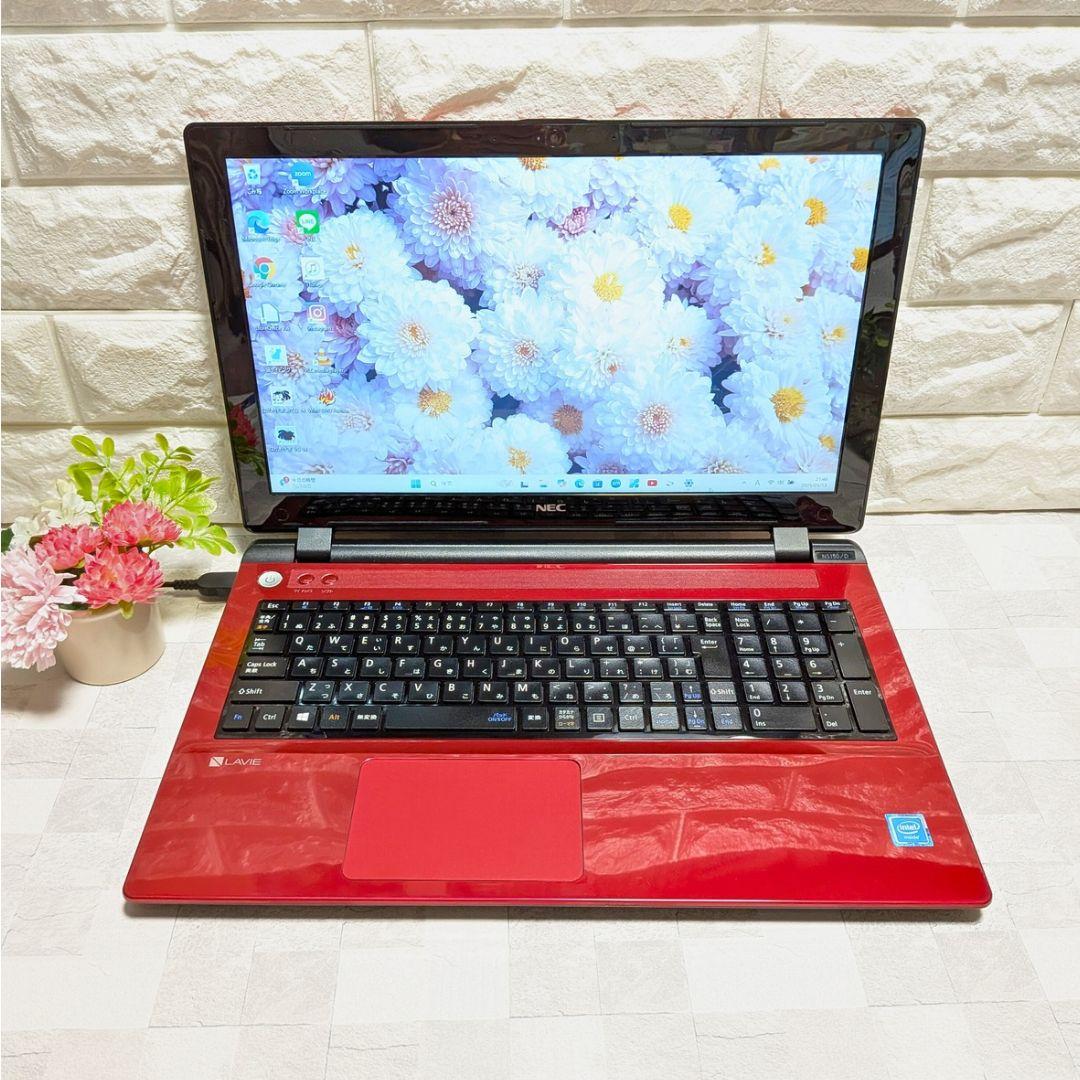 美品✨たっぷり１TB Win11 薄型おしゃれ赤ノートパソコン DVD カメラ付