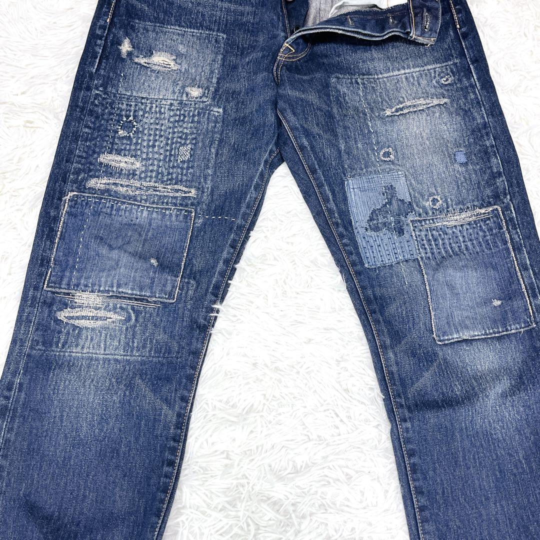 【美品】KURO 刺し子 パッチワーク ダメージ加工 デニムパンツ 赤耳 美品】KURO 刺し子 パッチワーク ダメージ加工 デニムパンツ 赤