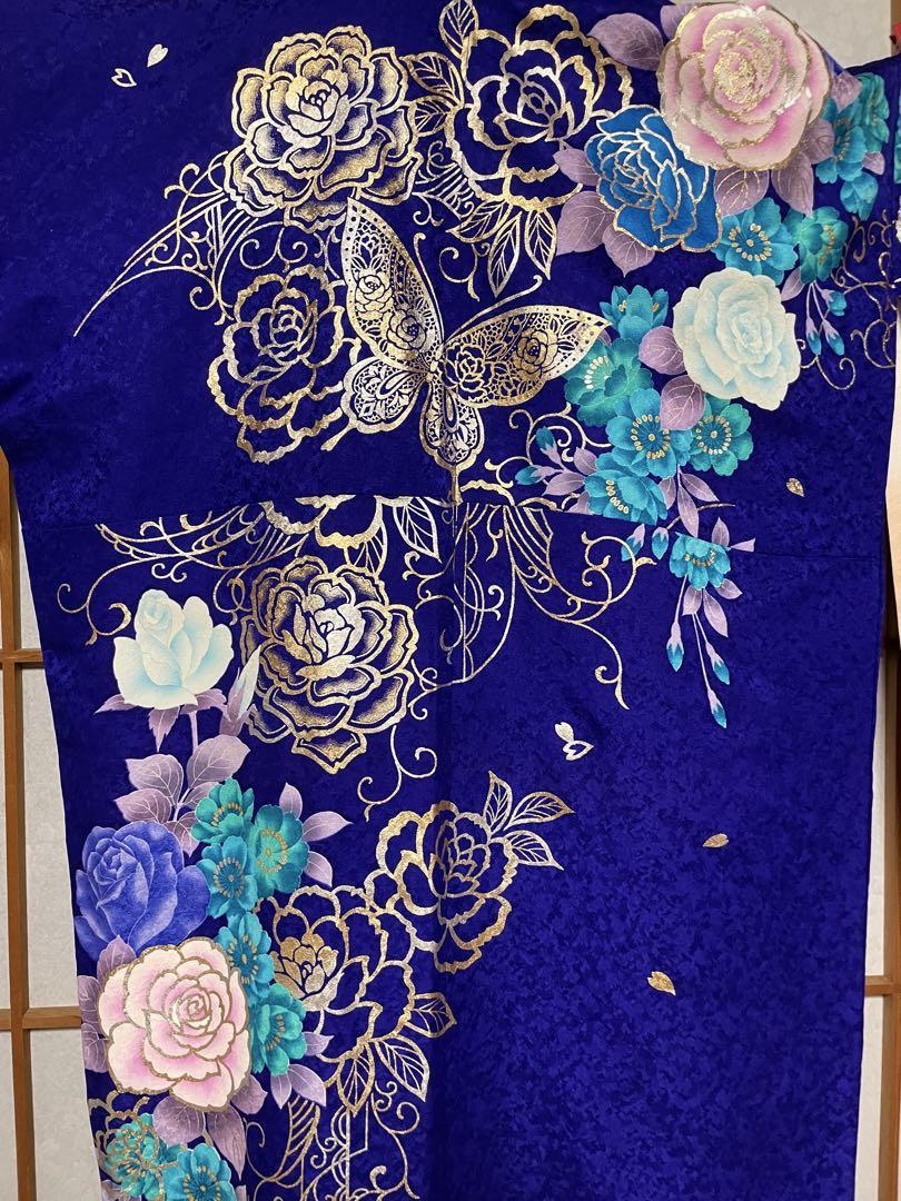 振袖 正絹　紫色 花柄 蝶模様 帯付き　フルセット　裄長72㎝　パープルゴールド