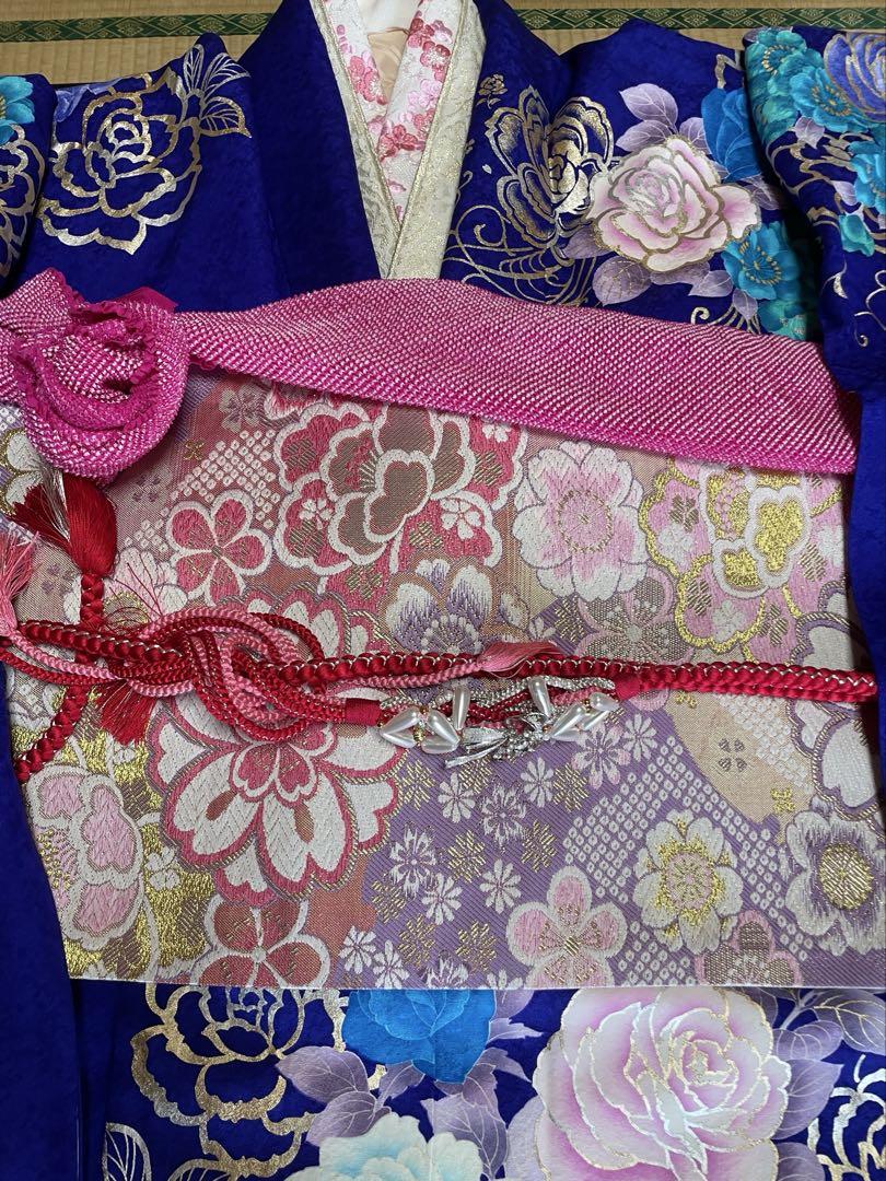 振袖 正絹　紫色 花柄 蝶模様 帯付き　フルセット　裄長72㎝　パープルゴールド