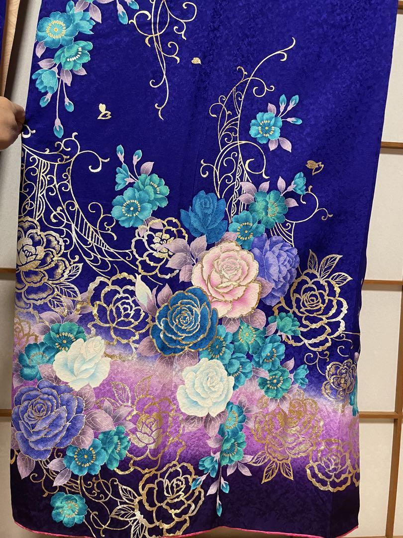 振袖 正絹　紫色 花柄 蝶模様 帯付き　フルセット　裄長72㎝　パープルゴールド