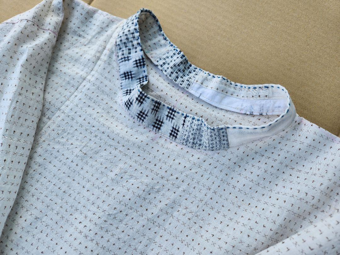 古布リメイク　ワンピース　パッチワーク　木綿　麻　白絣　絣リメイク　刺し子