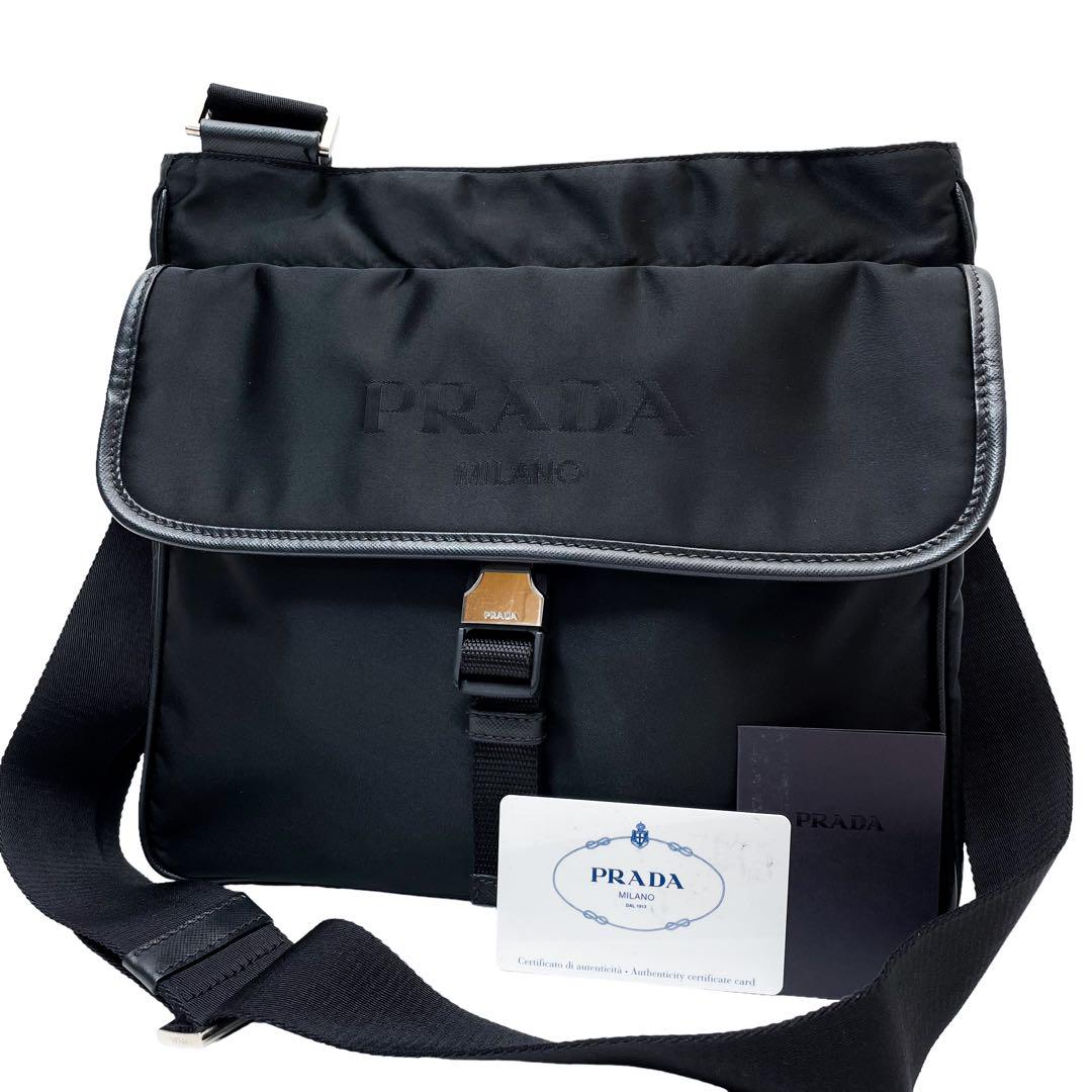 美品 プラダ ロゴ ナイロン×レザー ショルダー バッグ メッセンジャー