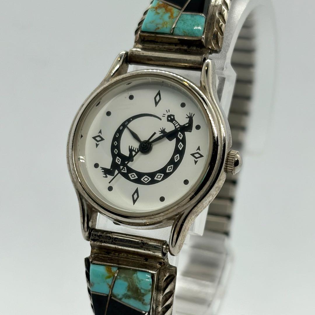 稼働 電池 ターコイズ 腕時計 Sterlingトカゲ柄 ズニ族目立った傷や汚れなし