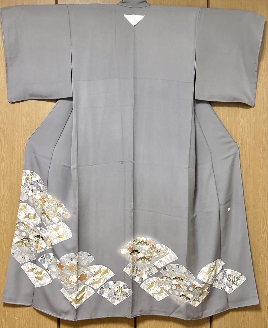 色無地 正絹 手描友禅 新品 グレー 松竹梅 刺繍 金駒 yzk478