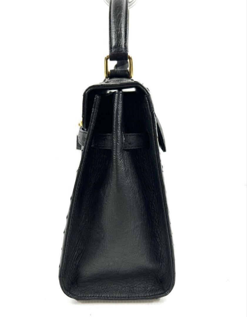 美品　オーストリッチ　ハンドバッグ　ブラック　フォーマル 鍵　南京錠 美品 オーストリッチ ハンドバッグ ブラック フォーマル 鍵 南京錠