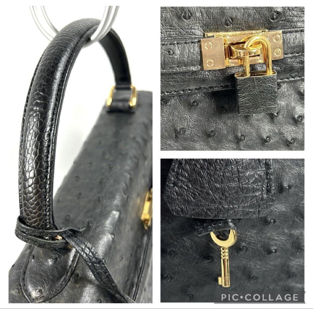美品　オーストリッチ　ハンドバッグ　ブラック　フォーマル 鍵　南京錠 美品 オーストリッチ ハンドバッグ ブラック フォーマル 鍵 南京錠
