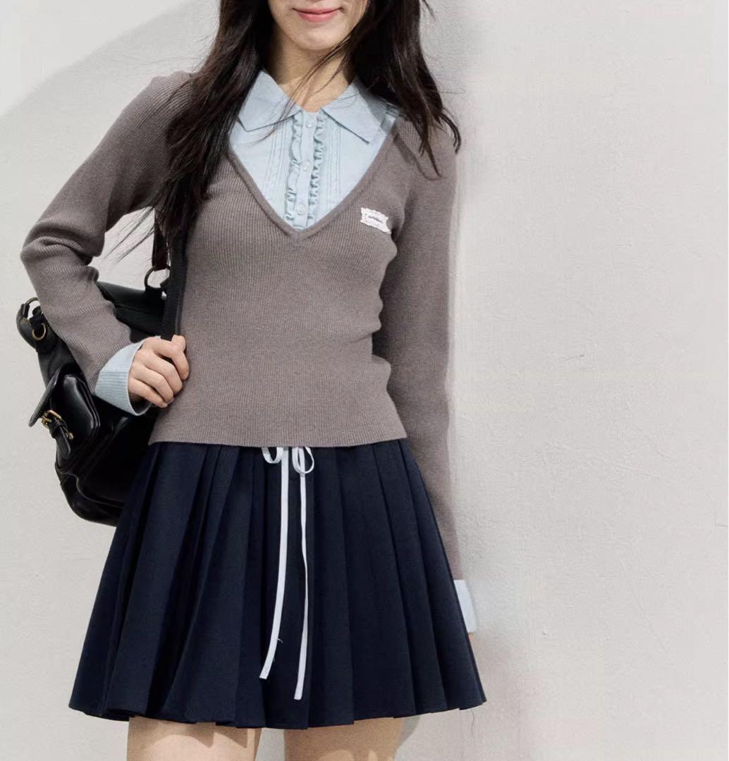 フェイクツーピース レイヤード風 ポロニットトップス SP25f017