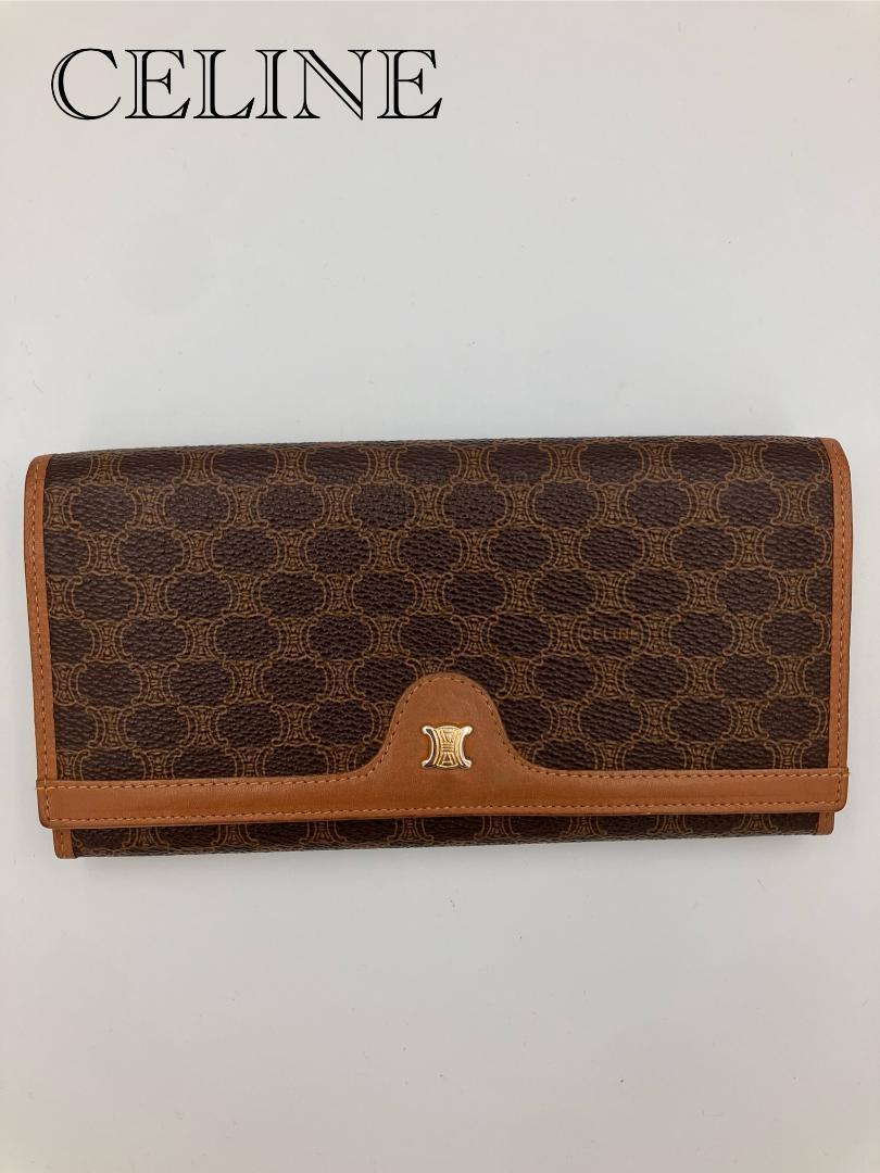 CELINE マカダム柄　PVC×レザー　がま口　長財布　ブラウン