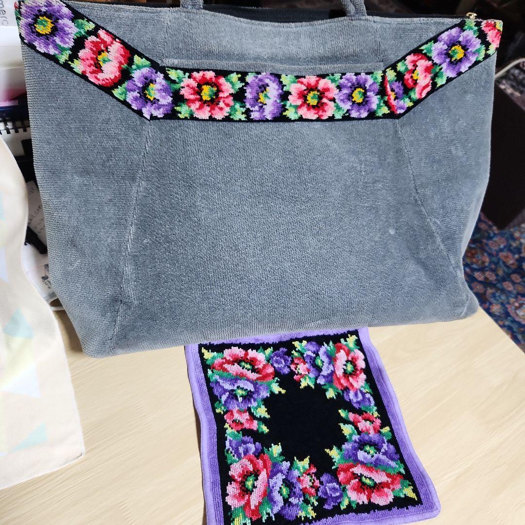 花柄刺繍ビックトートバッグ グレー&ハンカチ