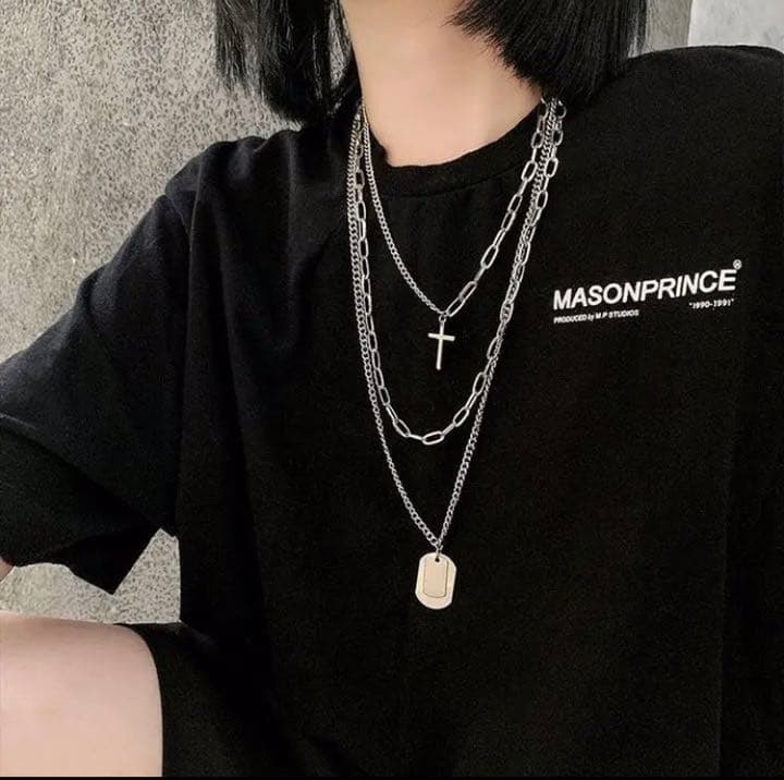 3連 ドックタグ 十字架 シルバー クロス チェーンネックレス 韓国ファッション メルカリ