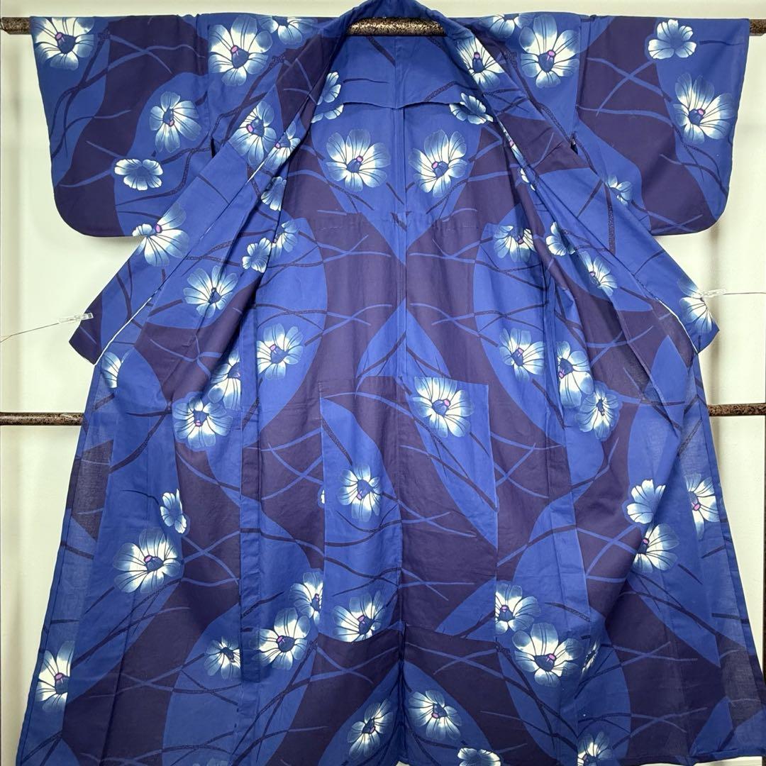 未使用品 綿 コーマ地 本染 浴衣 着物 夏物 150 青 水前 横幅