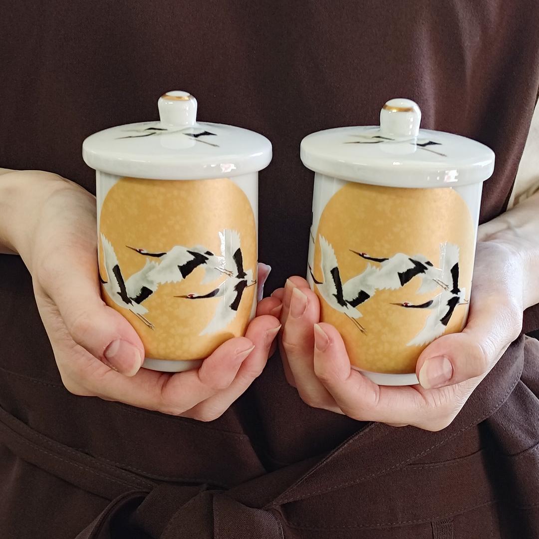 満月に群鶴 蓋付組湯呑