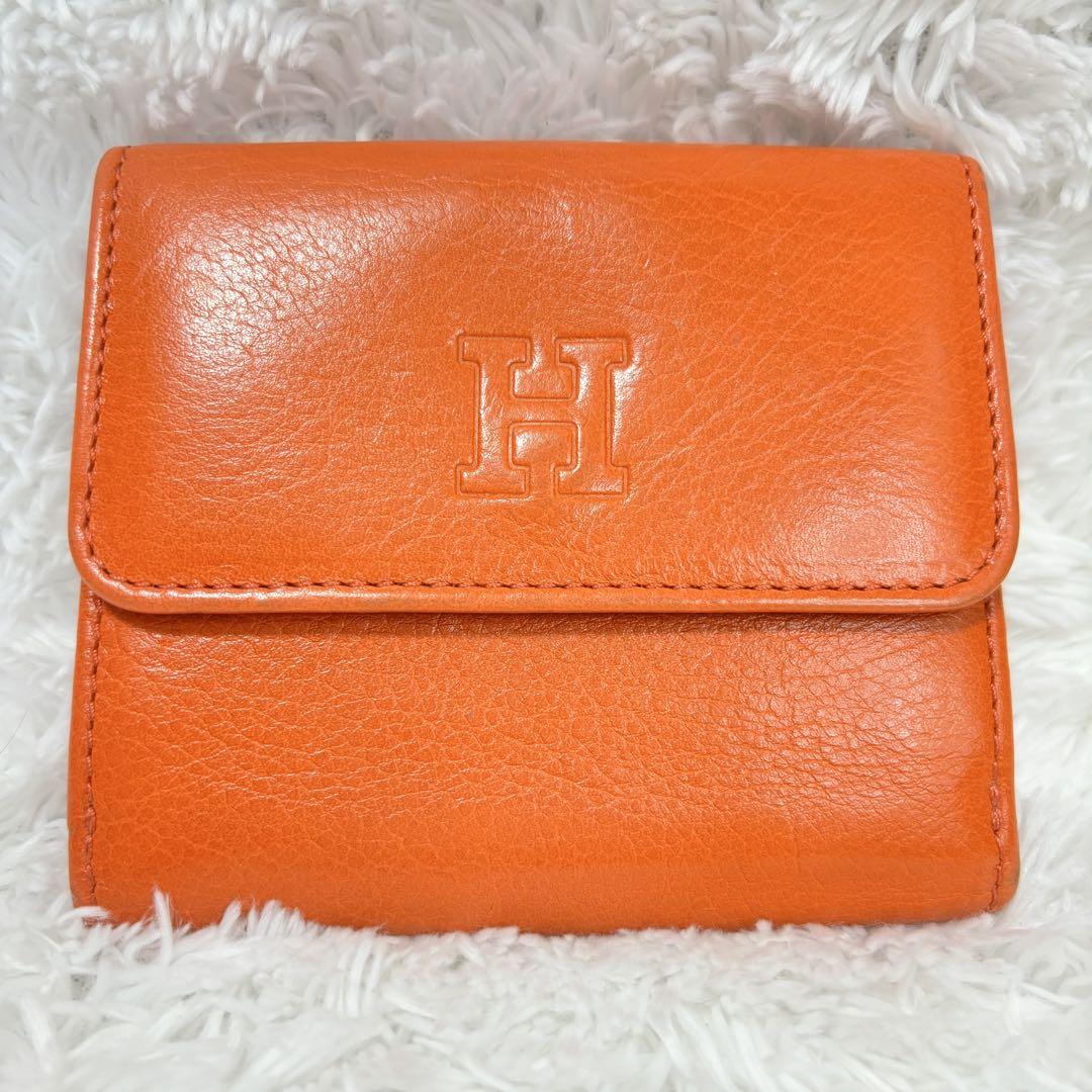 美品 HIROFU 二つ折り 折り財布 オレンジ レザー ロゴ