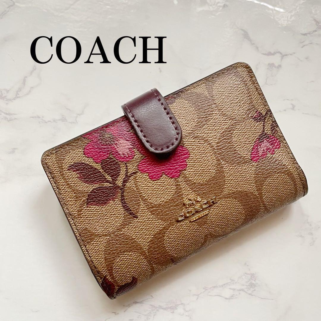 【美品】COACH シグネチャー フラワー ミニウォレット 二つ折り財布