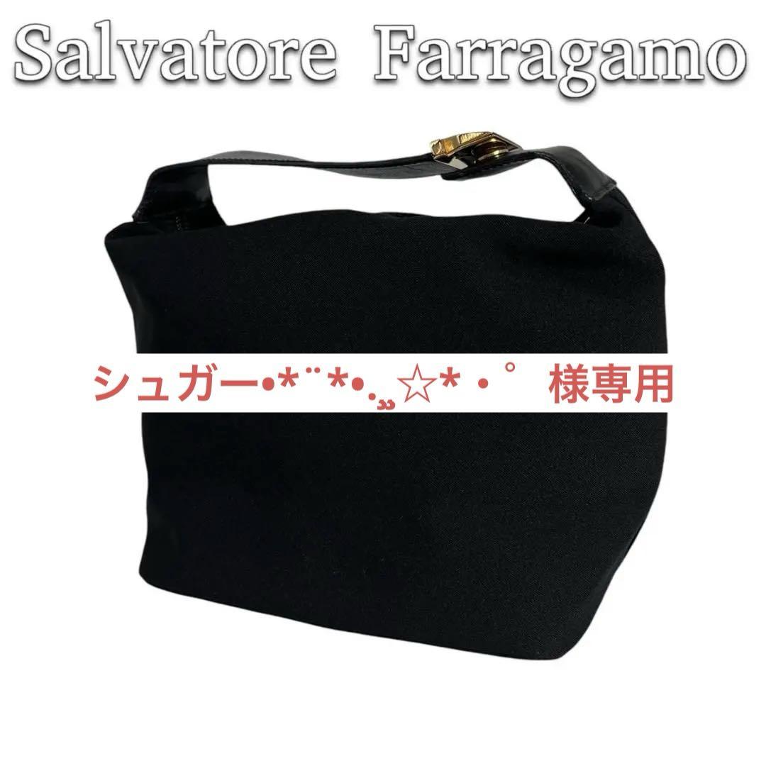 希少 フェラガモ ハンドバッグ ポーチ レザー ナイロン ブラック ゴールド金具
