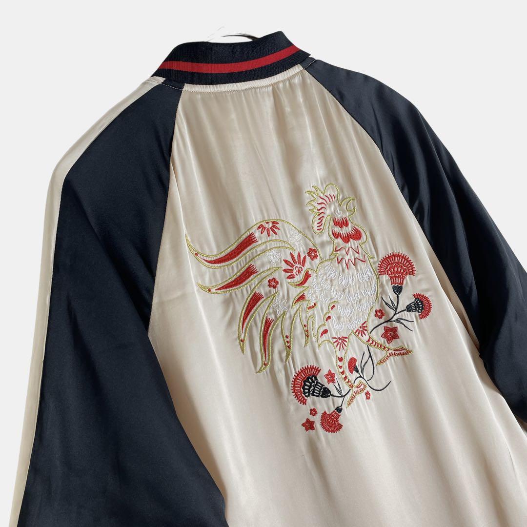 【スカジャン　バック刺繍　刺繍ロゴ　鶏　シャンパンゴールド　黒　赤　古着】