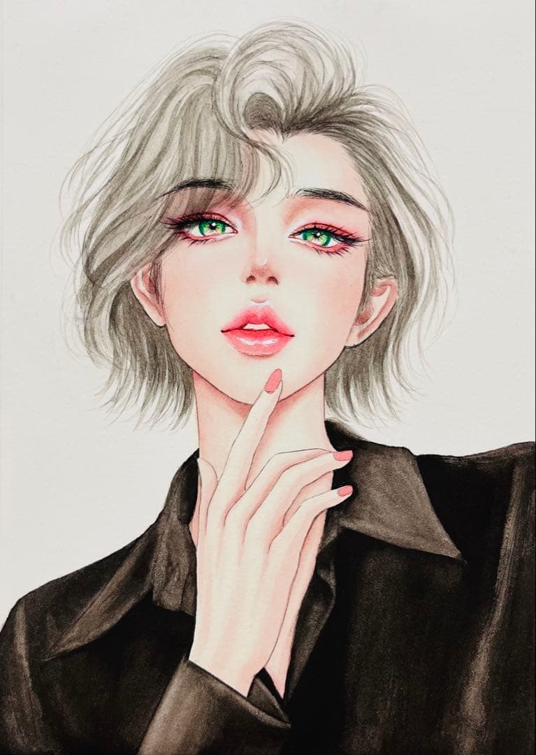 手描きイラスト水彩原画銀色髪の毛の女の子289