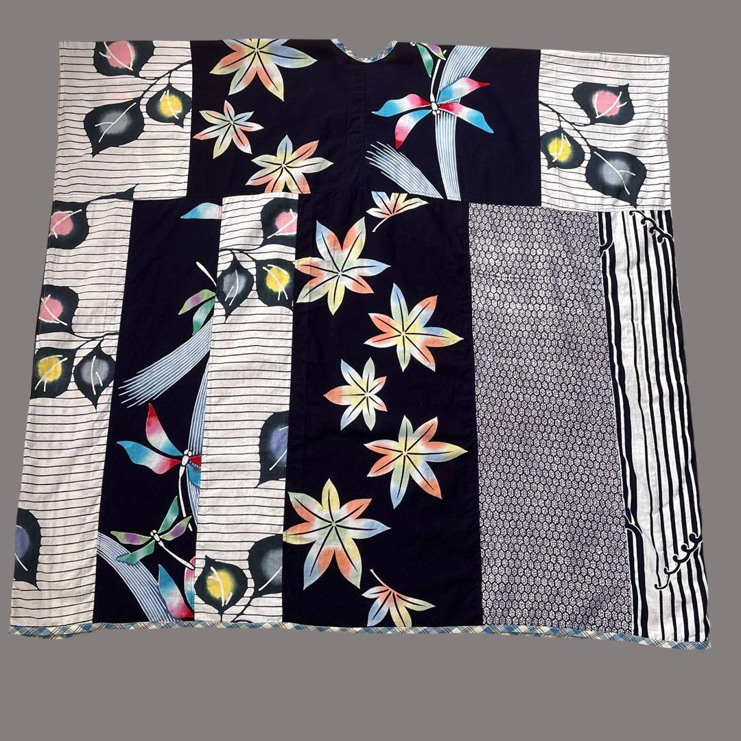 (う23) 光と影を纏う✨花と縞が織りなす浴衣リメイクワンピース